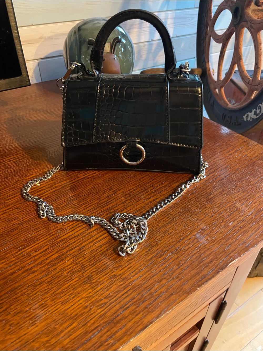 Black Croc-Embossed Top Handle Crossbody with Silver Ring Accent